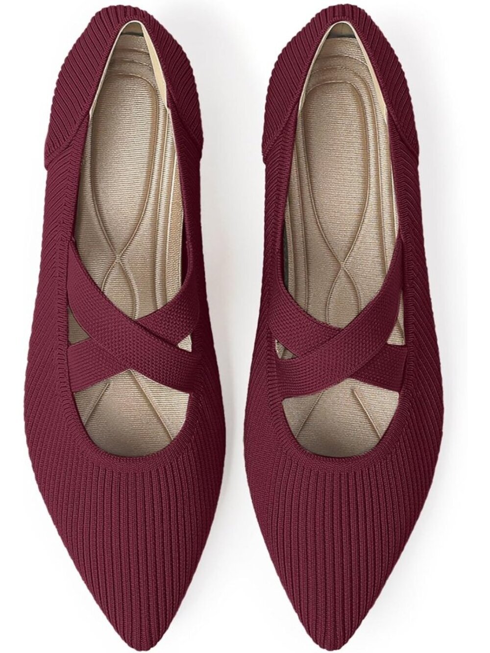 Women's Red Pointed Toe Comfortable Mary Jane Slip-On Knit Ballet Flat Shoes